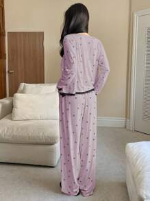 DAZY Bộ 3 món/Bộ đồ ngủ Pijama in họa tiết nơ nhiều màu, phối ren, chắp vá, áo hai dây, áo choàng và quần, quần áo mùa xuân, mùa thu đông - Màu tím hoa cà - Xem 2