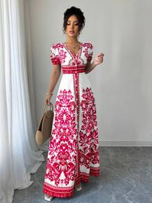 Elenzga Nuevo vestido de tela estampado con cuello en V, manga abultada y cierre en la cintura para mujeres, elegante y estilizador, adecuado para el estilo de Oriente Medio