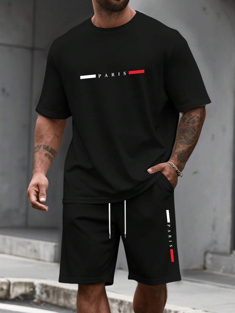 Manfinity Homme Plus Size Men's Summer Casual Letter Print T-Shirt & Shorts Set - Black - View 1