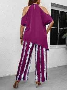 EMERY ROSE Plus Size Women Open Shoulder Asymmetric Hem Top And Striped Pants Casual Suit - Hot Pink - View 2