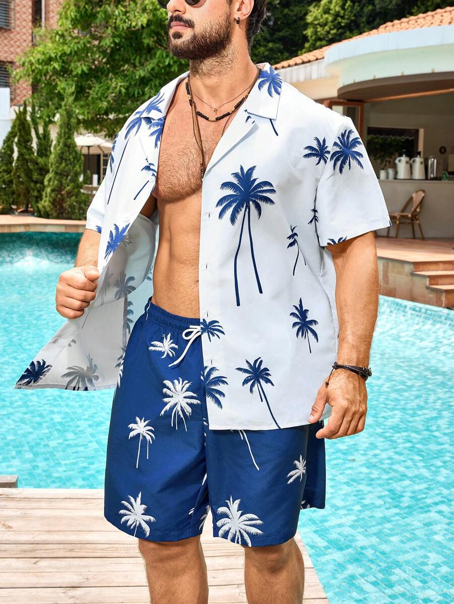 Manfinity Plus Size Men Palm Tree Print Shirt And Shorts Beach Suit, Hawaiian - Navy Blue - View 1