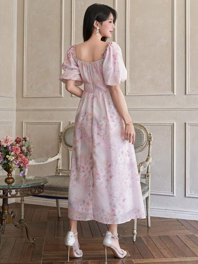 Full Floral Print Square Collar Lantern Sleeve Gathered Waist Women's Mid-Length Dress