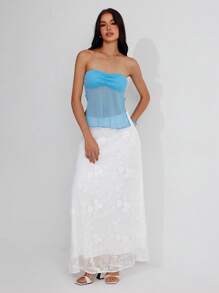 Roylia 女士优雅短款上衣，采用透明网眼亮片侧开衩设计 - 藍色 - 查看 4