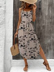 SHEIN LUNE 女士休闲复古碎花夏季透气扎染收腰开衩吊带背心连衣裙，适合夏季 - 彩色 - 查看 6