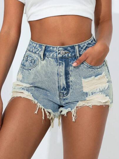 SHEIN PETITE 夏季休闲水洗破洞牛仔短裤