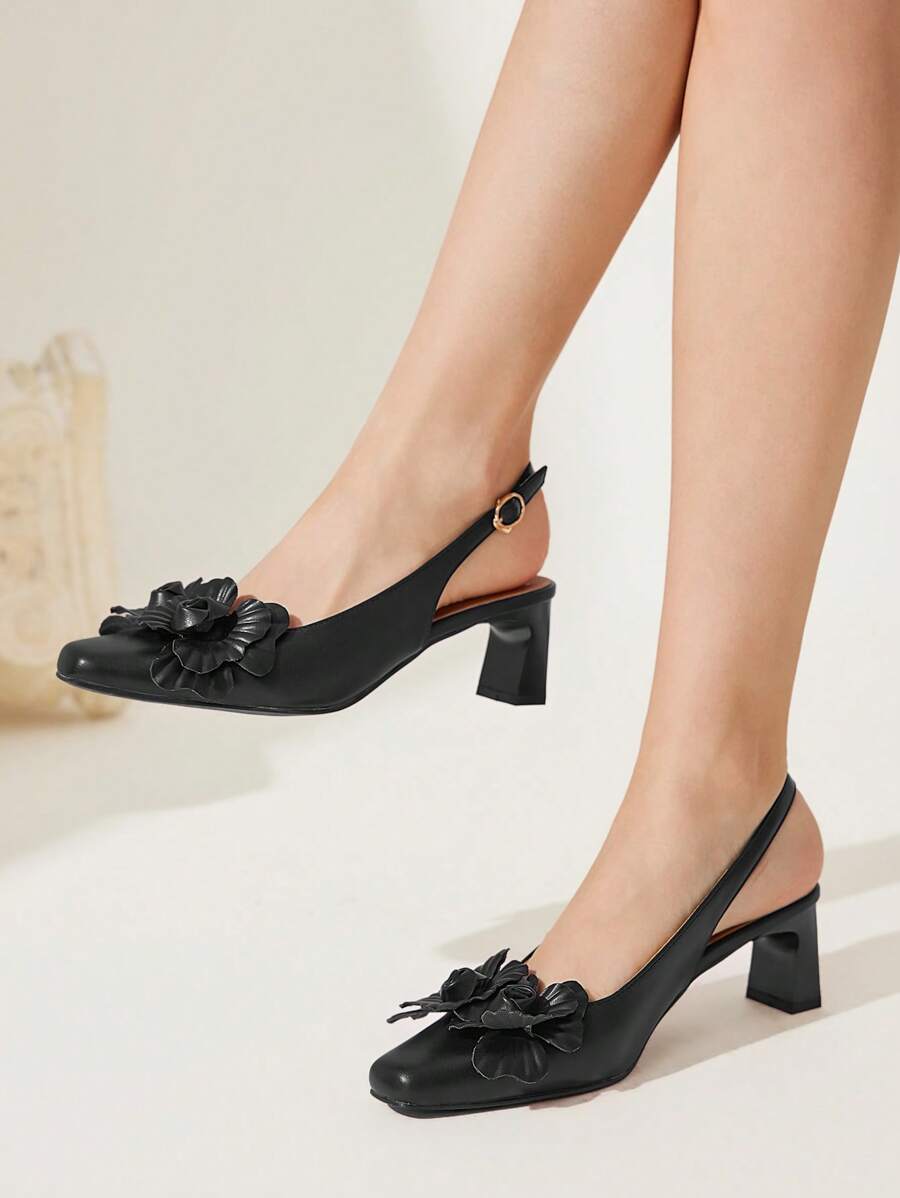 CUCCOO CHICEST Giày cao gót đế vuông họa tiết hoa trà cho nữ, sang trọng, lãng mạn, cổ điển, màu mơ, da PU, thích hợp cho các buổi hẹn hò, trà chiều, trang phục đi làm vườn - màu đen - Xem 1