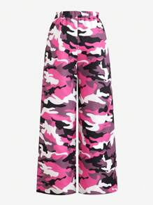 SHEIN 2 Stück/Set Tween Mädchen Camouflage Loose Woven Cargo Hose & Kurzarm T-Shirt, Schule, Campus, Uni, Streetwear