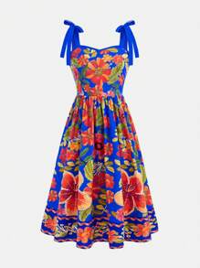 Tween-Mädchen Lässiges Resort-Midikleid mit gewebtem tropischem Blumenmuster und Farbblock, Schleife an der Taille, Bohemian - Königsblau - Übersicht 2