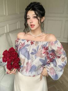 DAZY 印花宽松露肩灯笼袖女式长袖衬衫上衣，度假波西米亚风 - 彩色 - 查看 7