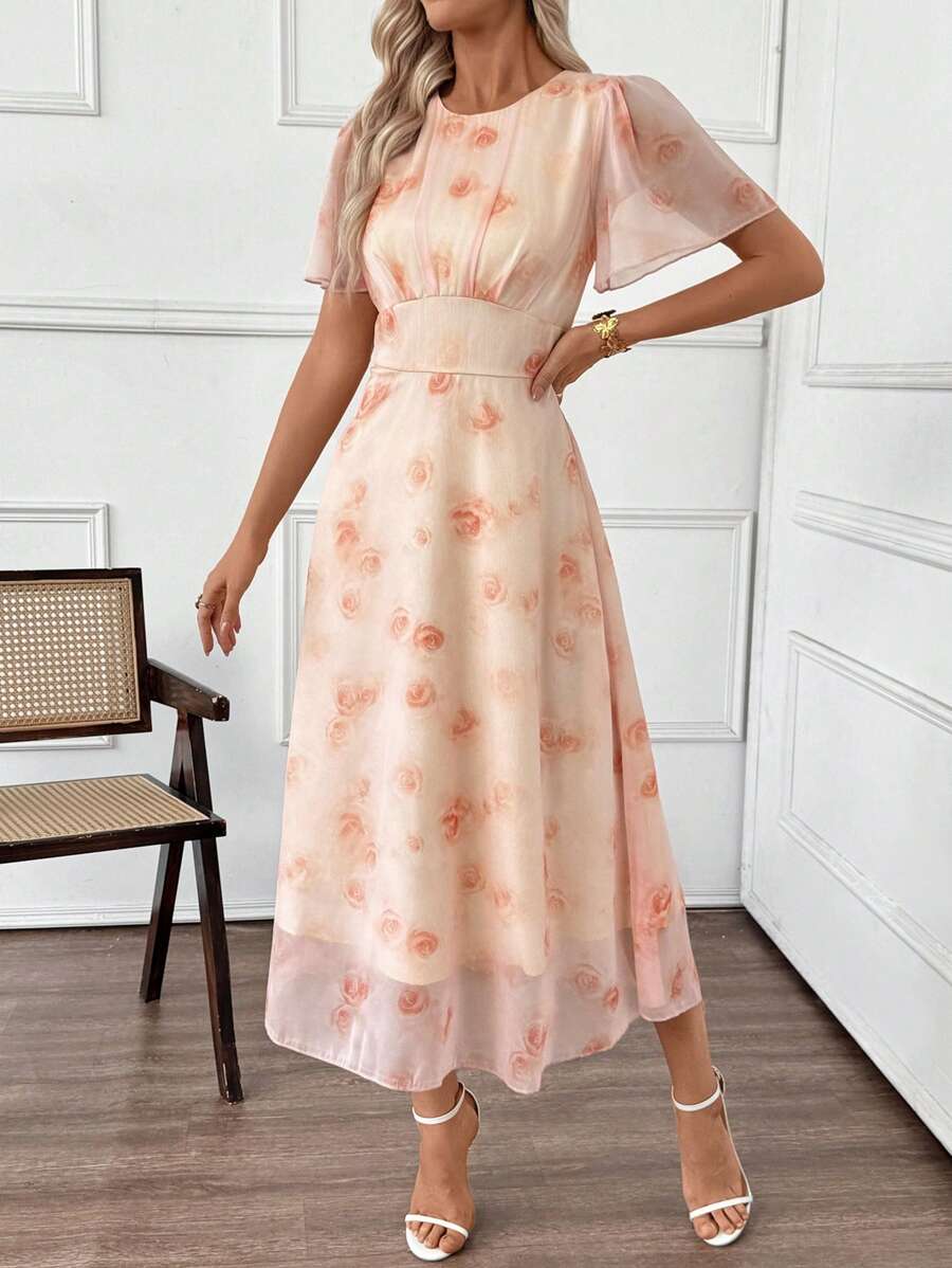 EMERY ROSE 女士优雅花卉印花中长连衣裙，夏季 - 粉色 - 查看 1