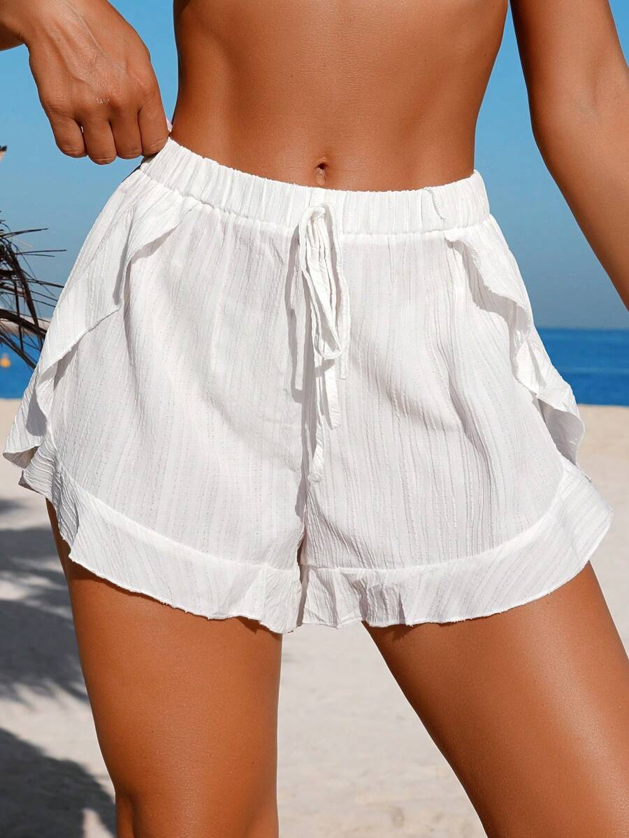 SHEIN Swim 女士优雅度假荷叶边沙滩短裤和罩衫套装，夏季 - 白色 - 查看 1