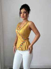 Chiquease 女士优雅碎花褶饰系腰衬衫 - 芥末黃 - 查看 6