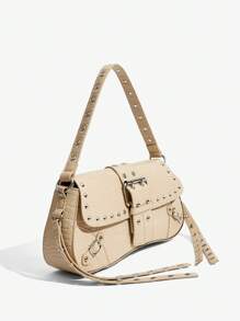 SHEIN X Lucía Bellido SHEIN SXY Túi đeo vai nữ, Túi Hobo, Thời trang, Đơn giản, Cá nhân hóa, Đa năng, Đường phố, Ngầu, Đinh tán, Tua rua, Cho buổi hẹn hò, Hàng ngày, Mua sắm - Màu be - Xem 3