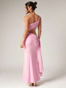 Silquee Premium Quality Women's Elegant Long Pink Dress, Fashionable For Summer, Summer Outfits, Holiday Outfits, Waist Hollow Design, Ribbon Design Dress One Shoulder Drawstring, Pleated Dress - Pink - View 2