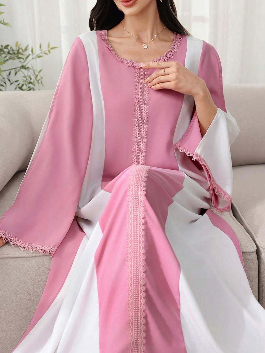 Al Najma Vestido holgado casual con cuello redondo, bloque de color y adorno floral, para primavera/verano - Multicolor - Ver 1