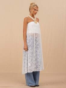 SHEIN Forever 21 Summer Women Prom/Formal/Beach/Vacation/Cute/Western Wear/Business Casual/Elegant/Birthday/Going Out/Club/Office Outfits/Festival/Rave/Work Clothes/Classy/Country Concert/Brunch/Cruise/Old Money/Airport/Modest/Church/Fairycore/ /Tea Party/Y2k/Streetwear/2000s/Disco/Spring Break/Graduation/Wedding Guest/Cocktail/Vintage/Bodycon/Resort/Wear The White Lace Dress Top Twice - White - View 7