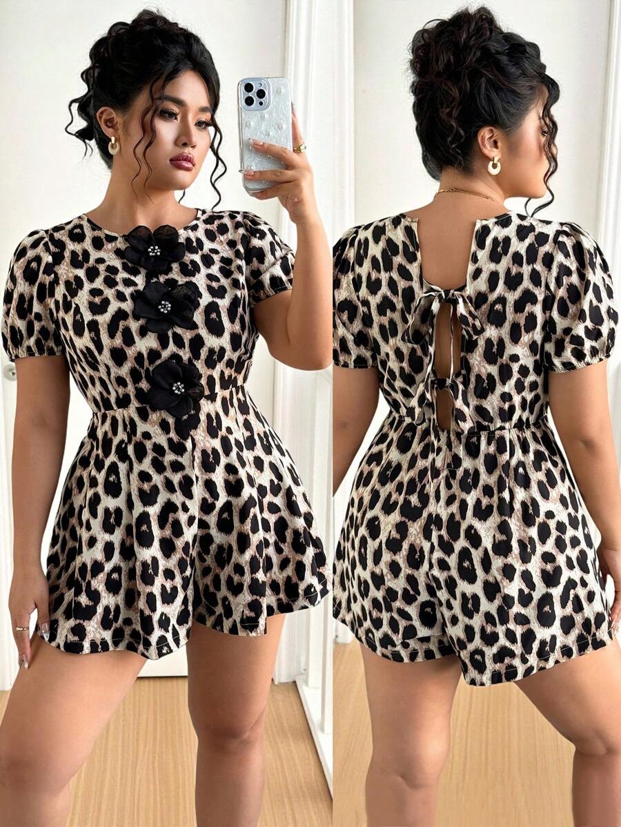 Elenzga Große Größen Sommer Blumen Dekor Leopard Muster Kurzarm Jumpsuit