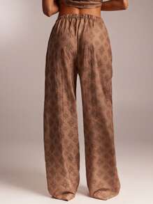 SHEIN Forever 21 Women's Geometric Print Belted Pocket Loose Leg Casual Trousers - Apricot - View 2