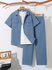 SHEIN 2pcs Tween Boy Casual Solid Color Patch Pocket Short Sleeve Shirt And Elastic Waist Pants Set, Suitable For Outdoor Play, School, Street Style, Party, And Casual Wear In Autumn, Spring And Summer