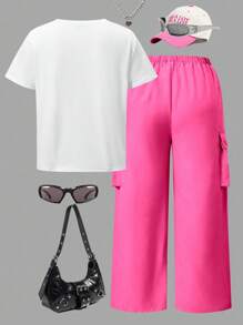 SHEIN ChillGRL Set de 2 piezas para adolescentes: Camiseta de cuello redondo con estampado de letras + Pantalones cargo, estilo casual de ropa urbana, ropa de vuelta al colegio - Rosa Fucsia - Ver 2