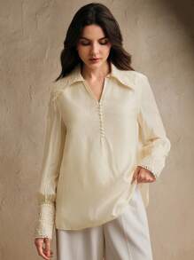 Anewsta Blusa de mujer de manga larga con escote en V, parche de encaje floral y abertura media, en estilo vacacional elegante - Albaricoque - Ver 7