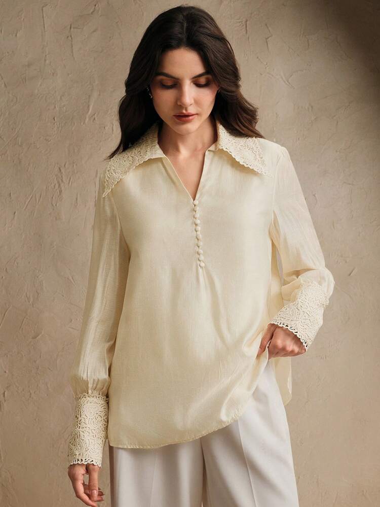 Vacation Style Elegant Floral Lace Patchwork V-Neck Half Placket Long Sleeve Women Blouse