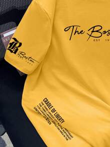 Manfinity LEGND Kaos Lengan Pendek Pria Ukuran Besar Kasual dengan Slogan Cetak, Bahu Jatuh, Potongan Longgar, Musim Panas - Kuning - View 4