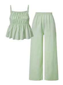 SHEIN Set de 2 piezas de camiseta sin mangas con volantes y pantalones anchos de pierna ancha, estilo casual, dulce y elegante para adolescentes, apropiado para uso diario, ir a trabajar, ocio, vacaciones y reuniones con amigos