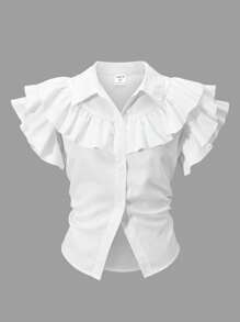 SHEIN Explorewe Teenage Girls' Ruffled Hem Blouse, Minimalist And Fashionable, Suitable For Summer - White - View 3