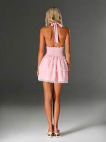 SHEIN Unity Women's Solid Color Lace Patchwork Halter Backless Dress - Baby Pink - View 2