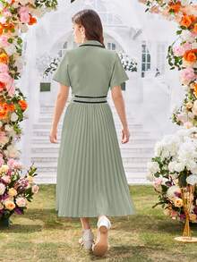 Teenage Girl Khaki Elegant Collared Trim Pleated Flare Midi Skirt, Commuter Style - Mint Green - View 2