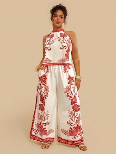 Travachic Conjunto de playa informal de estilo bohemio para tallas grandes: Blusa de escote halter + Pantalón ancho y suelto con bolsillos, Conjunto de 2 piezas para mujer