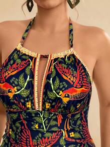 Travachic Plus Size Women Tropical Floral Plunge Cutout Monokini, Loose Fit Vacation Casual Swimwear