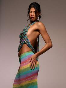 MUSERA 编织绳针织露背系带上衣，适合春季、夏季、伊比沙岛、假日、可爱、节日、度假、海滩装、海滩、波西米亚风假日节日锐舞夏季牛仔女郎夜间派对时尚 - 彩色 - 查看 3