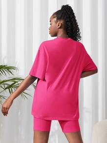 SHEIN 2pcs/Set Teen Girl Knitted Solid Color T-Shirt And Shorts Set, Mauve - Hot Pink - View 2