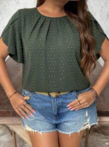 SHEIN LUNE SHEINLUNE 加大码女式花卉印花梭织圆领短袖衬衫商务休闲海滩度假机场装 - 綠色 - 查看 1