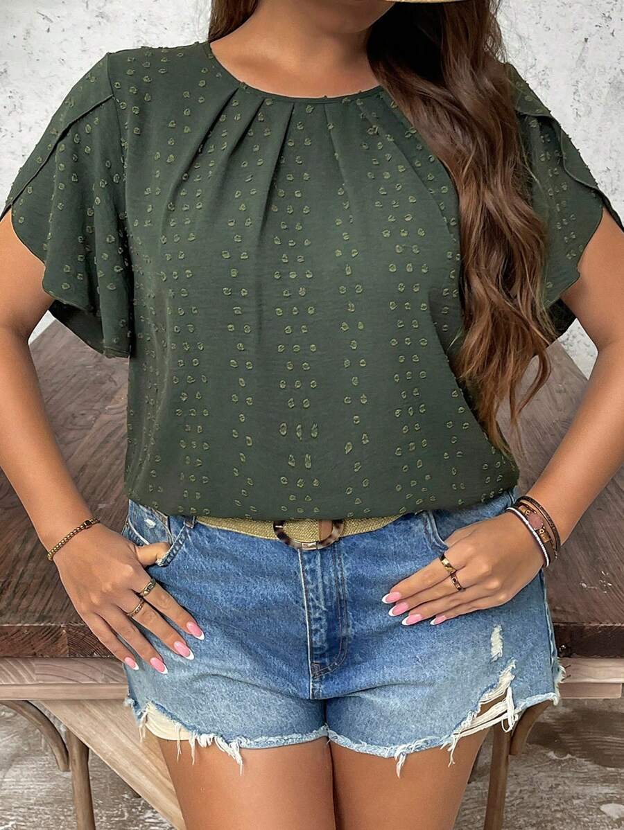 SHEIN LUNE SHEINLUNE 加大码女式花卉印花梭织圆领短袖衬衫商务休闲海滩度假机场装 - 綠色 - 查看 1