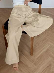 DAZY Minimalistic Lace Patchwork Loose Fitting Pajama Pants, Back To School , Fall - Khaki - View 1