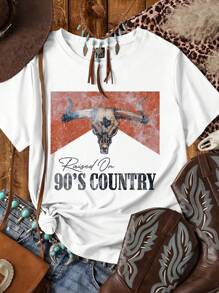SHEIN LUNE 女式“RAND 90 年代 COUNTRY”图案 T 恤 - 休闲圆领短袖上衣，乡村音乐衬衫，春夏休闲袖上衣，适合春夏的女士服装，可机洗 - 白色 - 查看 1