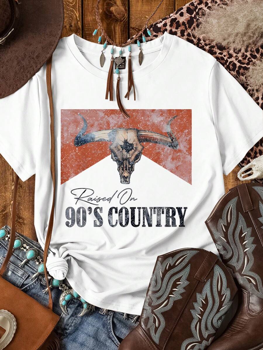 SHEIN LUNE 女式“RAND 90 年代 COUNTRY”图案 T 恤 - 休闲圆领短袖上衣,乡村音乐衬衫,春夏休闲袖上衣,适合春夏的女士服装,可机洗 - 白色 - 查看 1