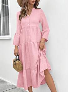 SHEIN LUNE Đầm suông rộng rãi đơn hàng khuy đơn cổ chữ V màu trơn cho nữ, trang phục maxi xuân hè cho nữ - Bụi hồng - Xem 4