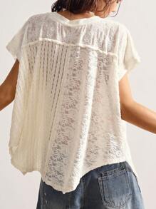 Bohemela Áo thun rộng tay ngắn cổ chữ V họa tiết chắp vá viền bất đối xứng cho nữ - Màu be - Xem 2