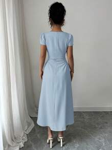 Elenzga 女装法式优雅通勤休闲度假下午茶纯色方领收腰修身休闲泡泡袖中长连衣裙，春夏 - 藍色 - 查看 2