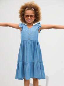 SHEIN 青少年女孩简约V领荷叶边盖袖休闲舒适连衣裙 - 藍色 - 查看 3