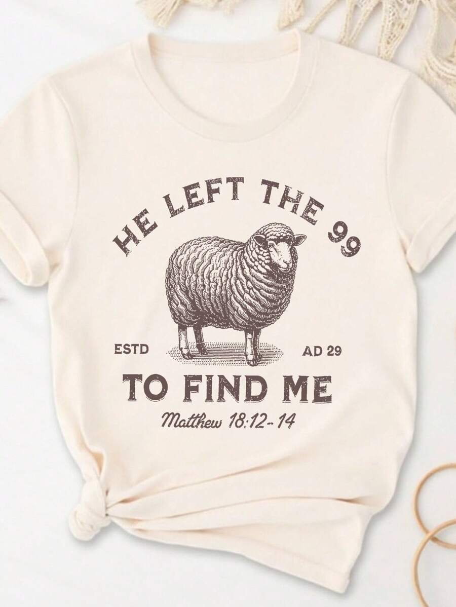 Flirla Women's "The Lord Is My Shepherd" Christian Graphic Crewneck Sweatshirt, Jesus Left The 99 To Save Me Printed Plus Size T-Shirt - Beige - View 1