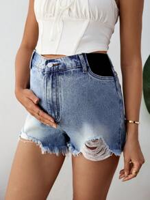 SHEIN Maternity Frayed Hem Casual Shorts, Suitable For Summer - Blue - View 3