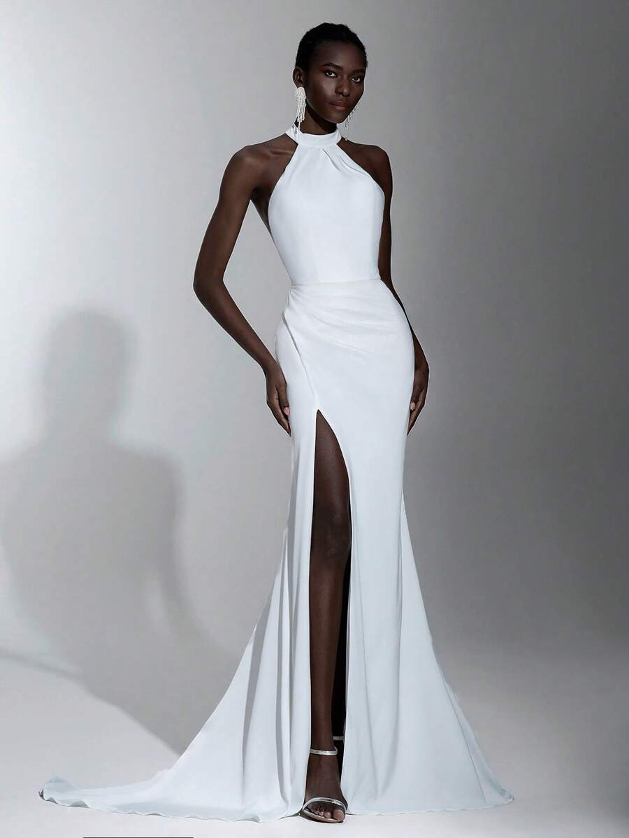 Elitara Elegant White Satin Shiny Elastic Minimalist Luxurious Halter Fishtail High Slit Backless Removable Rhinestone Chain Extra Long Trailing Dress, Suitable For Outdoor, Lawn, Beach, Wedding, Evening Party, Formal Occasion, Bride - White - View 1