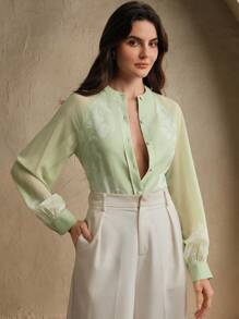 Anewsta Chemise à boutons à manches longues semi-transparente avec motifs floraux pour femmes - Vert - Voir 3