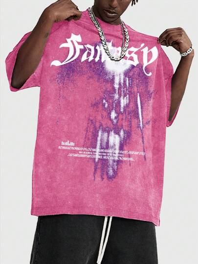 Street Life Men's Casual Acid-Washed Slogan Printed T-Shirt, Summer