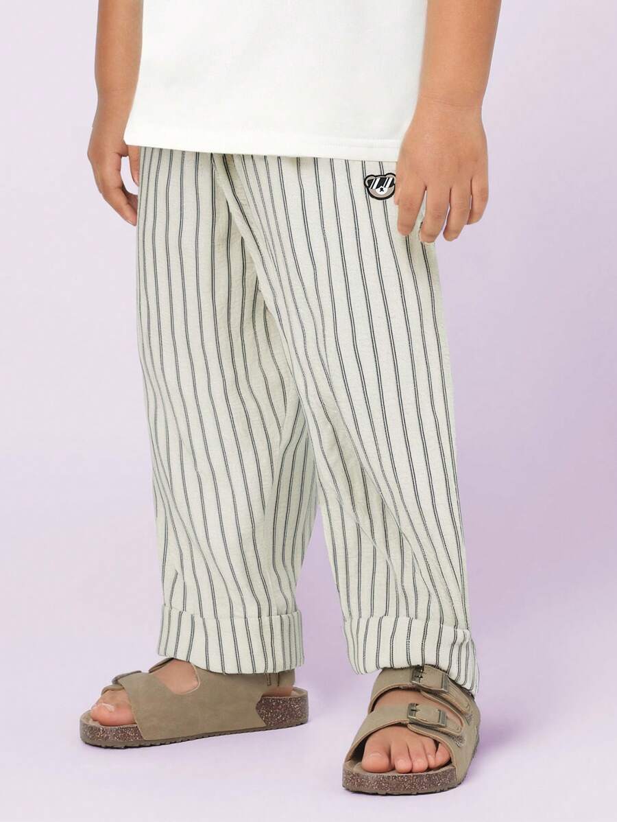 SUMWON Kids Casual Summer Striped Pants Linen Feel Drawstring Relaxed Fit Ankle Roll Up Beach Resort Vacation Bottoms - Black and White - View 1